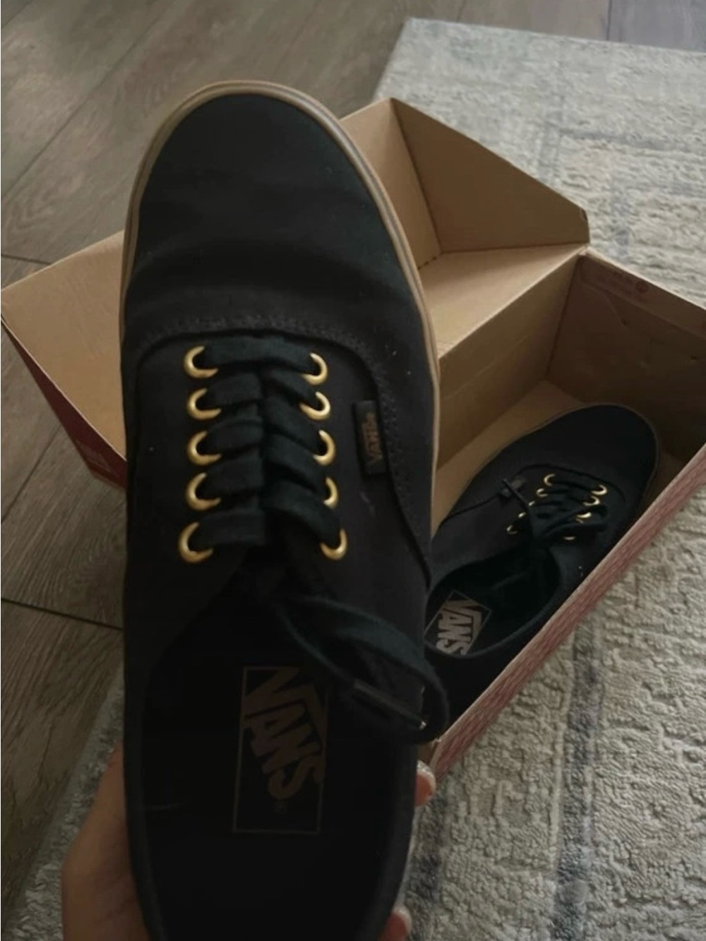 Vans Black Canvas Low-Top Sneakers with Gold Eyelets and Tan Sole